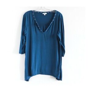 Max Studio deep blue top relaxed fit Large L 3/4 sleeves V-neck loungewear comfy
